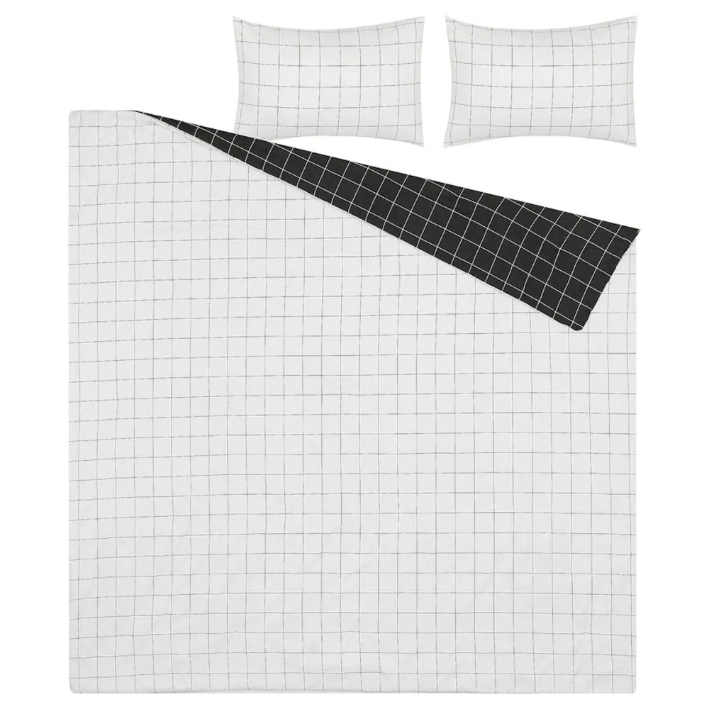 Ikea VITKLOVER Full/Queen Duvet Cover w/2 Pillowcases Bed Set White/Black Check